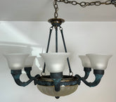 Corbett Chandelier, Six Arm, Bronze and Copper Frame, Frosted Glass Shades, Sku: 032980